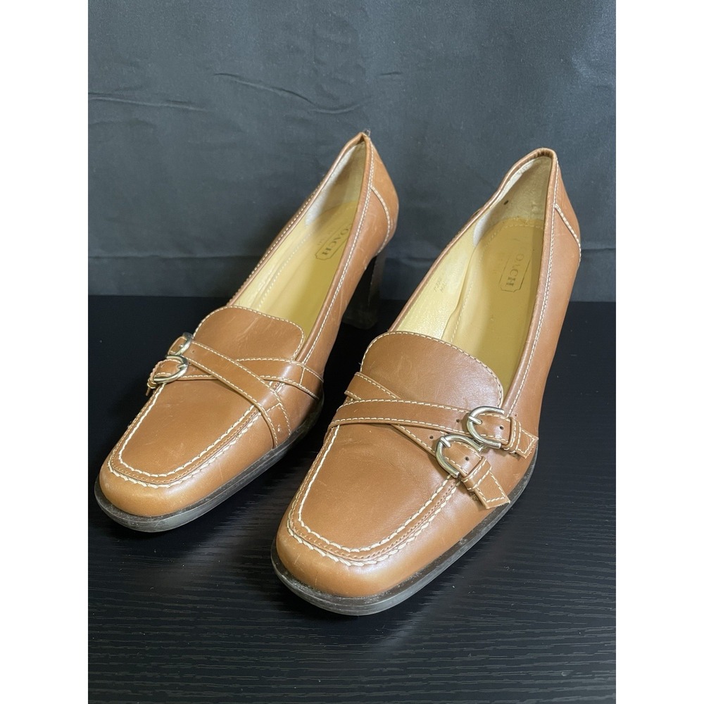 Coach Brown Leather Loafer Heels Womens 9.5B Slip On Buckle Shoes